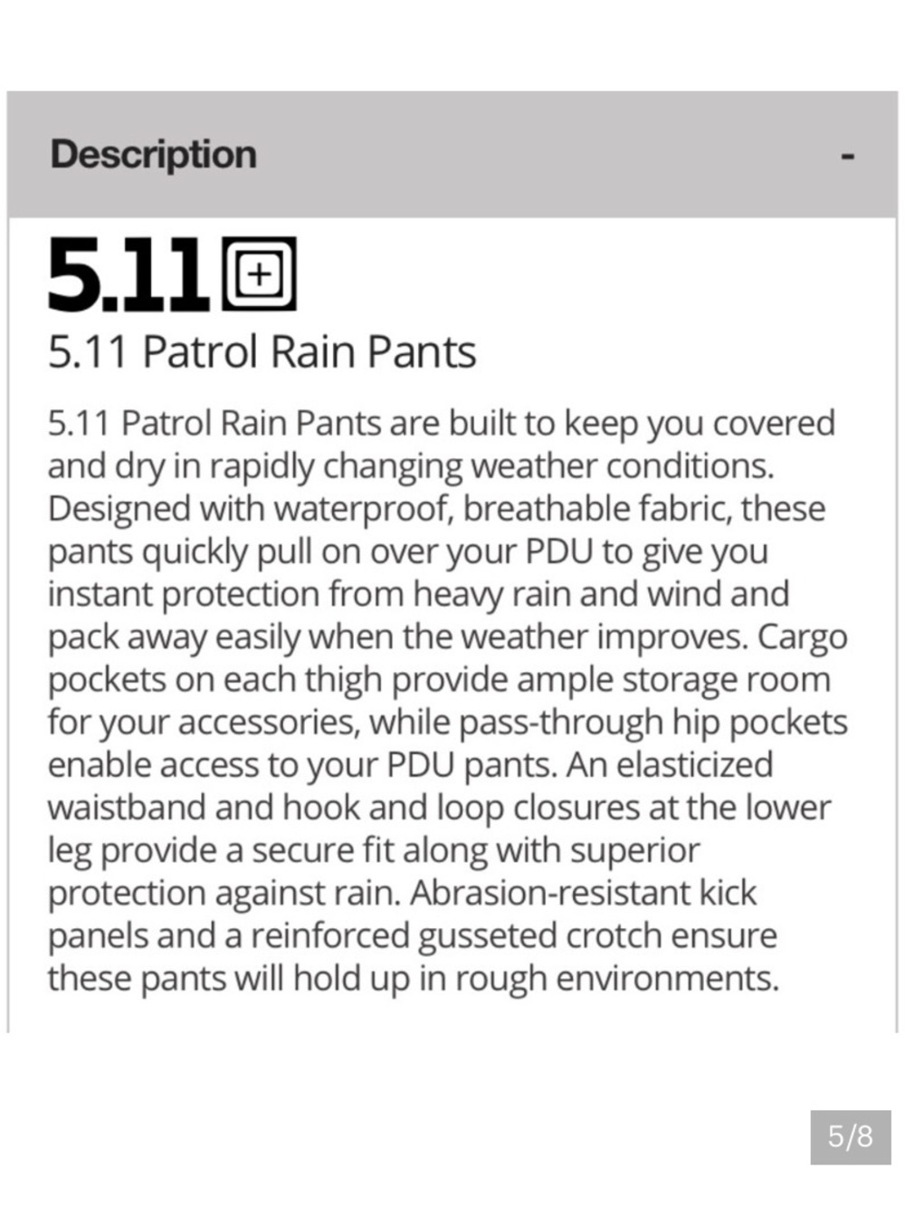 5.11 Tactical Rain Pant 48005 Sz Small Nylon NWOT - Picture 16 of 16
